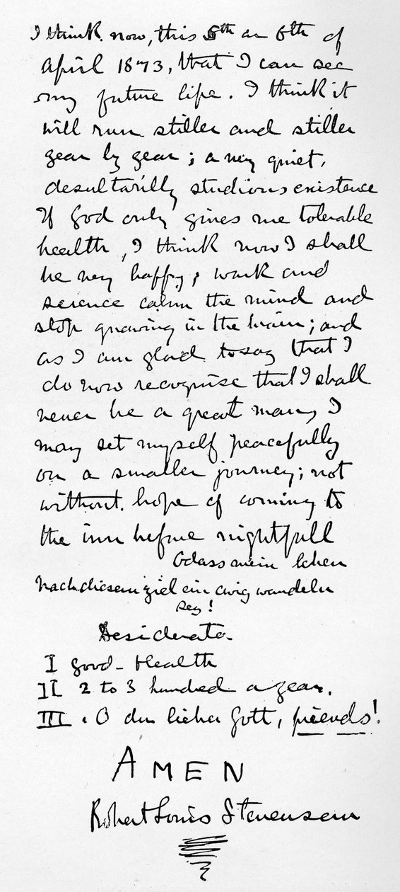 La filosofia personale di Stevenson e lista di Desiderata per una vita felice, 1873 da Robert Louis Stevenson