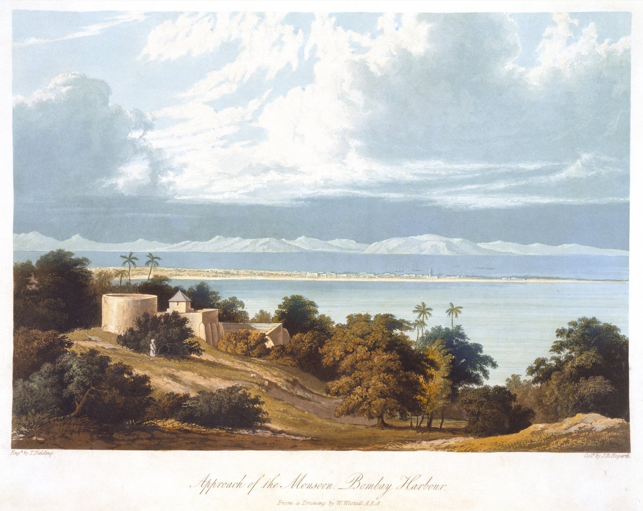 Avvicinamento del monsone, porto di Bombay, da un disegno di William Westall (1781-1850) da Scenery, Costumes and Architecture of India inciso da T. Fielding, colorato da J.B. Hogarth, pubblicato nel 182 da Robert Melville after Grindlay