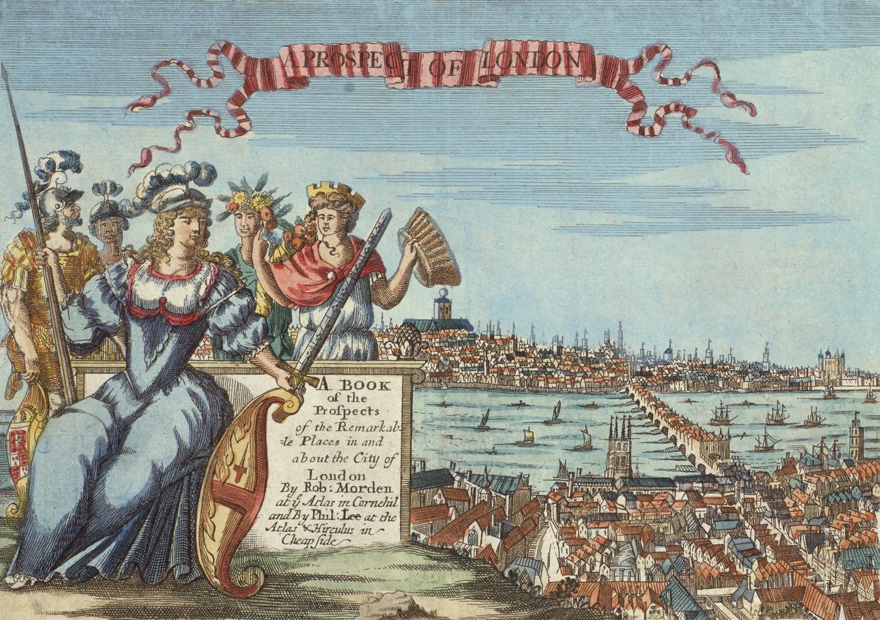 Una prospettiva di Londra, frontespizio da A Book of the Prospects of the Remarkable Places in and About the City of London, c.1700 da Robert Morden