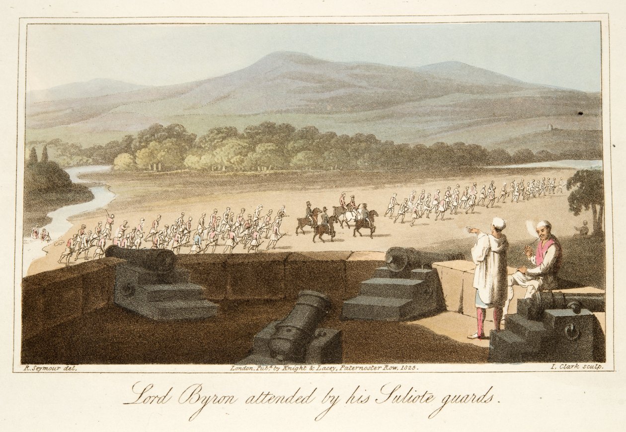 Lord Byron assistito dalle sue guardie Suliote, da The Last Days of Lord Byron di William Parry, pub. 1825 da Robert Seymour