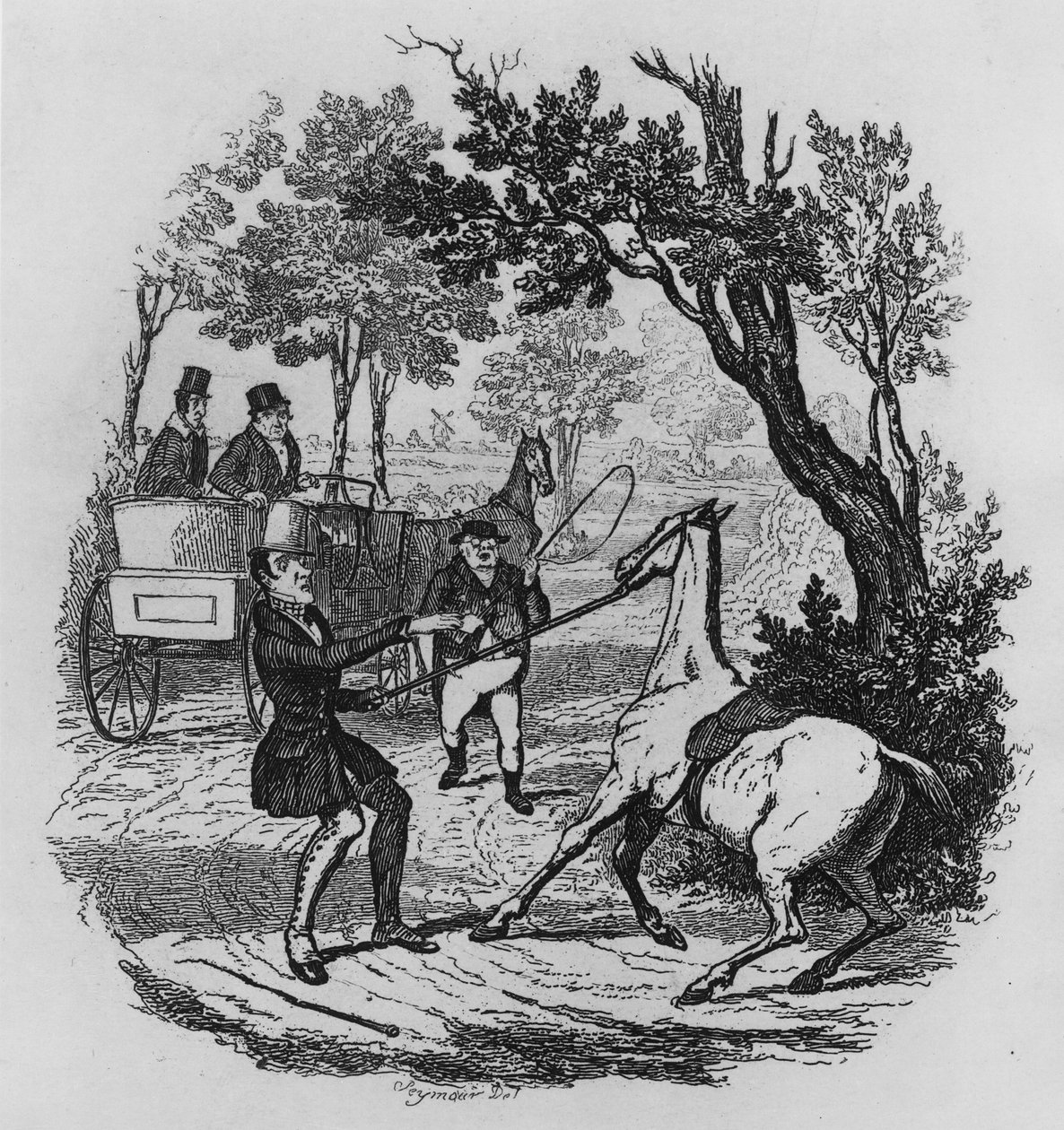 Mr. Winkle e Mr. Pickwick che cercano di controllare il loro cavallo, illustrazione da 
