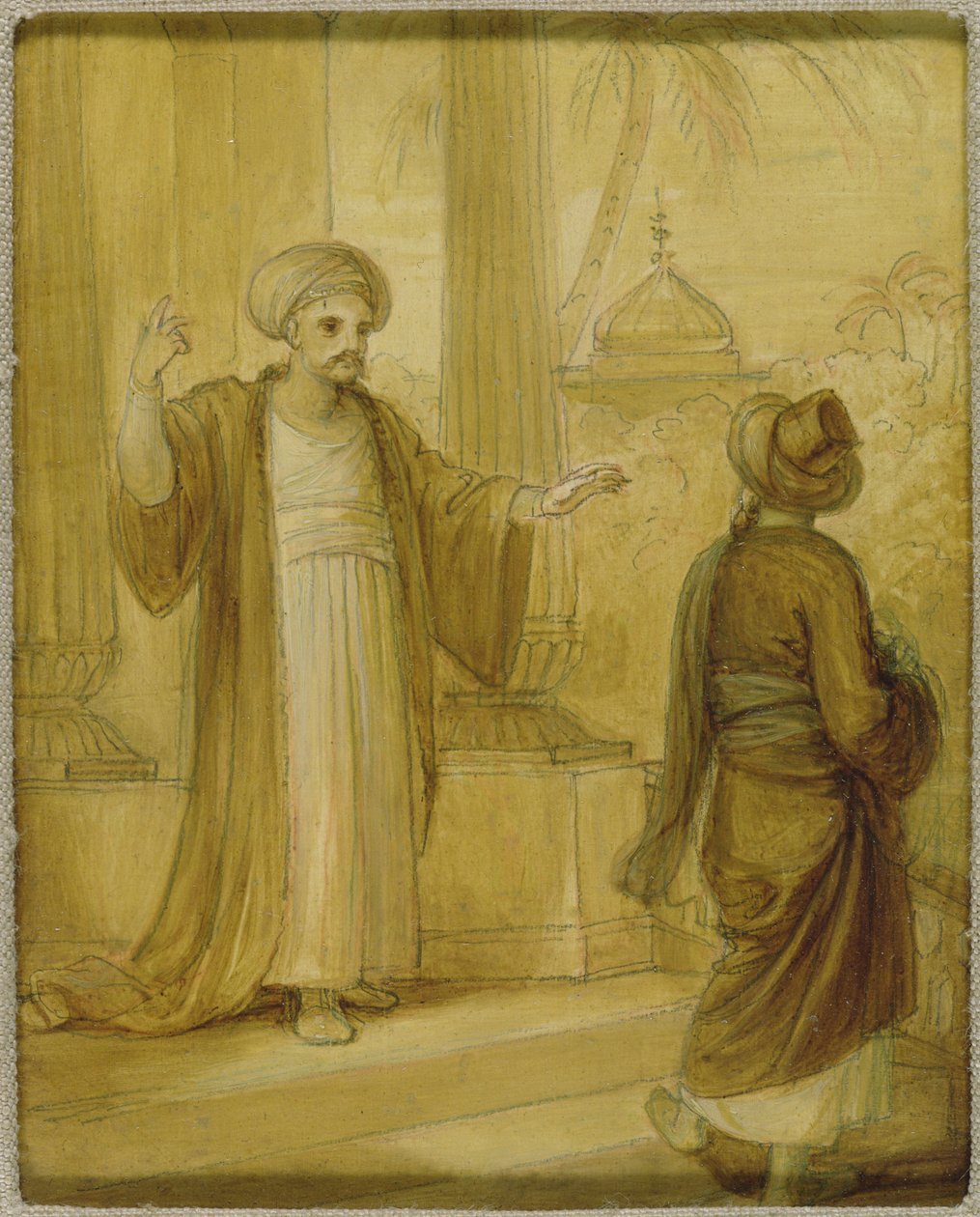 Due figure maschili in piedi, illustrazione da un romanzo orientale, possibilmente 