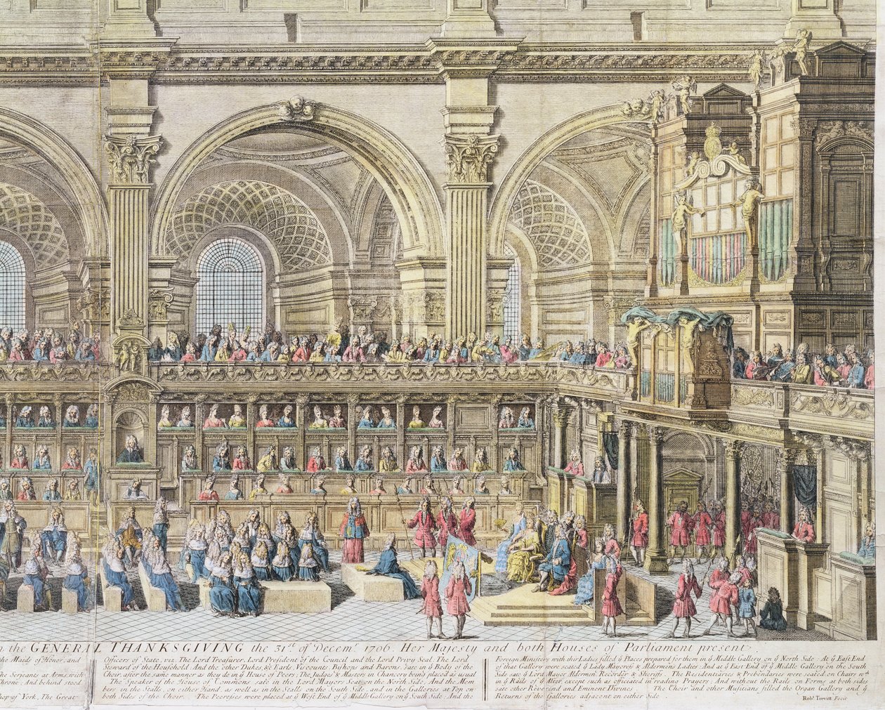 Una Prospettiva del Coro della Cattedrale di San Paolo, nel Ringraziamento Generale, il 31 dicembre 1706. Sua Maestà e entrambe le Camere del Parlamento presenti (dettaglio) da Robert Trevett