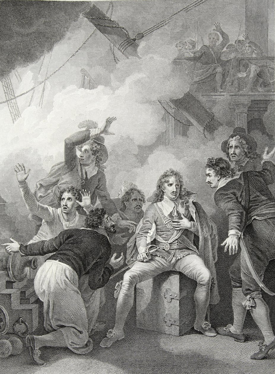 Conte Sandwich rifiuta di lasciare la sua nave in fiamme, nella Battaglia di Sole Bay, inciso da W. Byrne, illustrazione da 