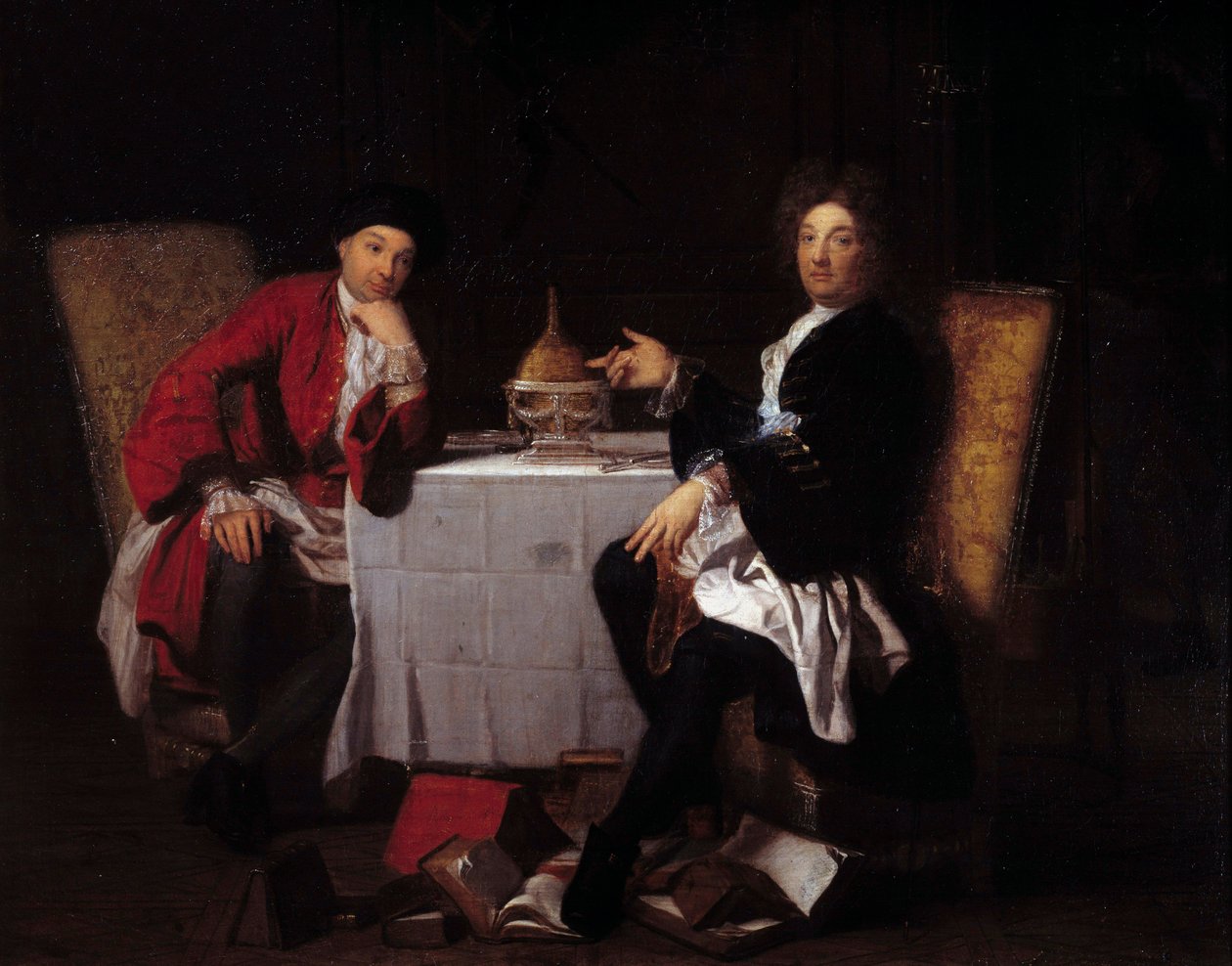 Due epicurei Due filosofi che parlano a un tavolo da Robert (attr. to) Tournieres