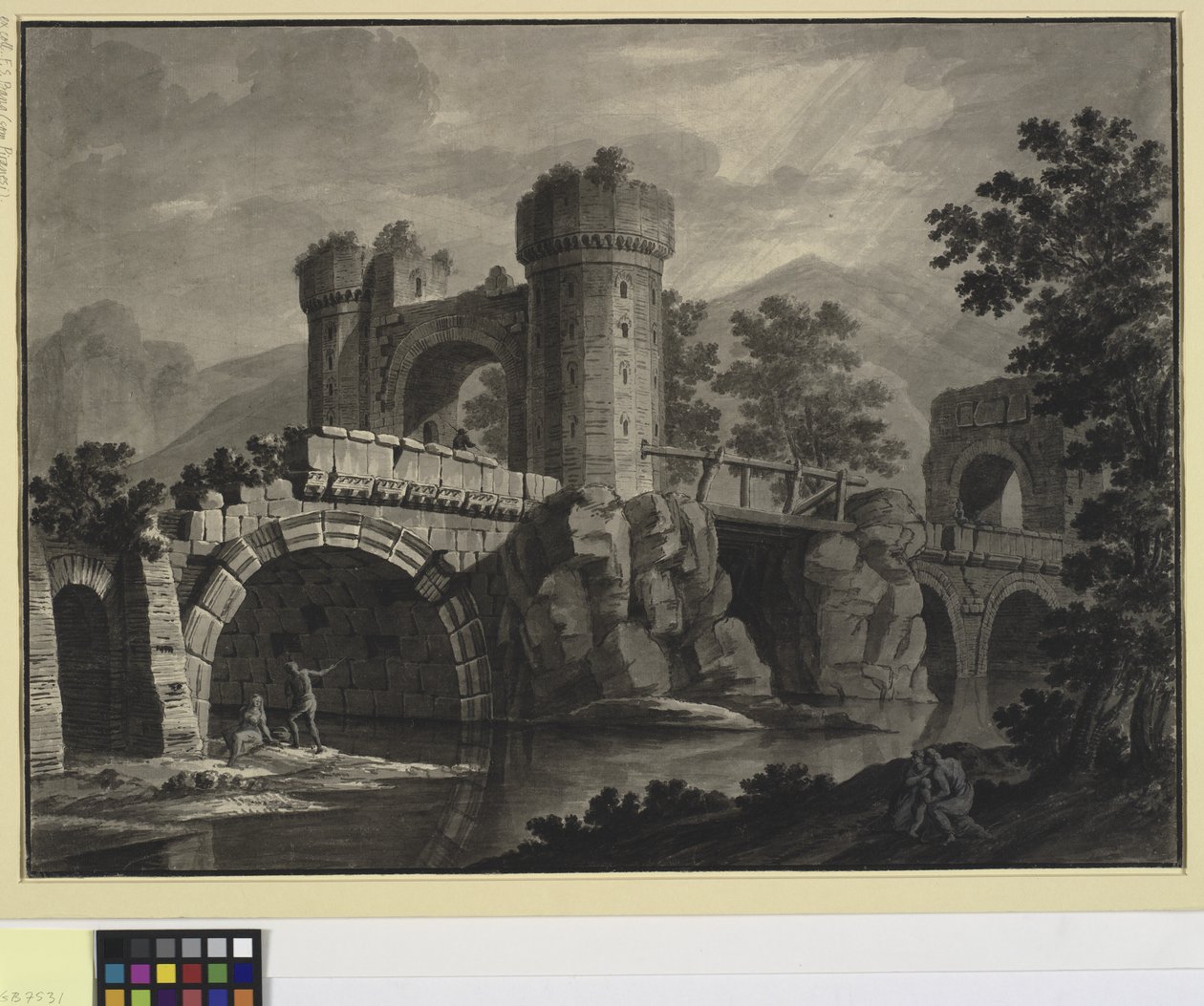 Fantasia architettonica di un ponte in rovina in un paesaggio da Robert Adam