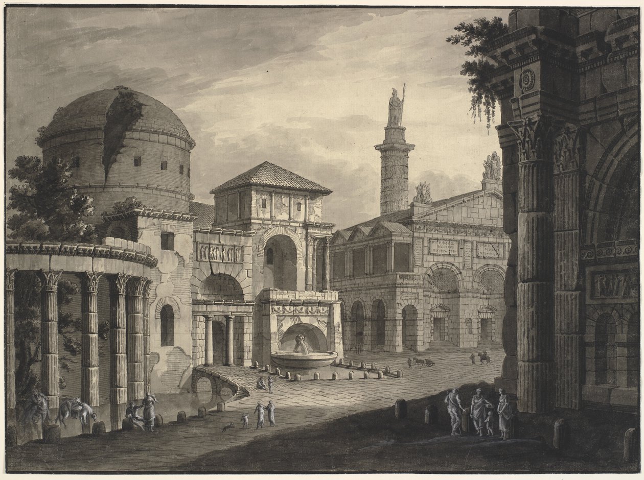 Fantasia architettonica di una città antica con una piazza e molti edifici, alcuni parzialmente in rovina da Robert Adam
