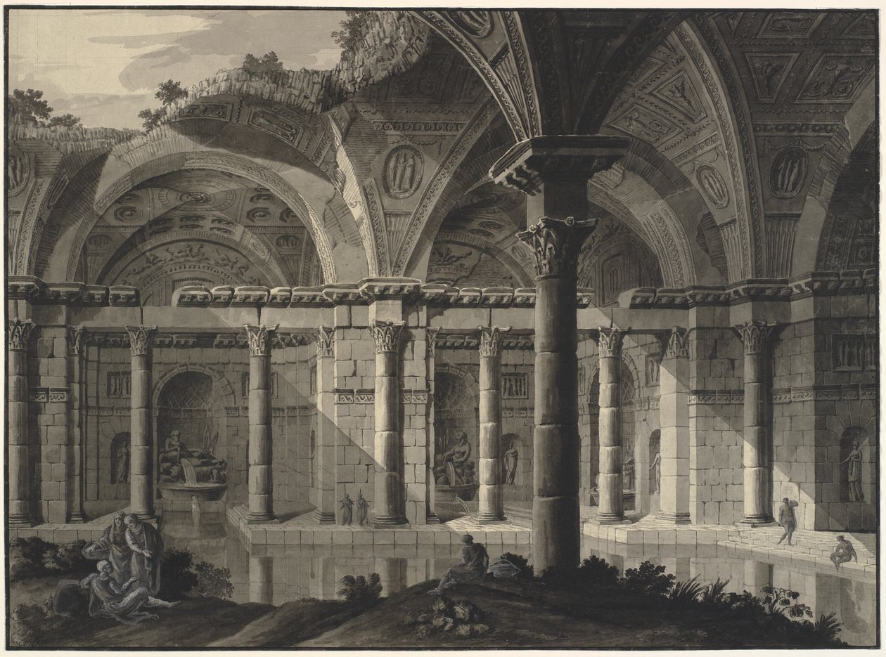 Fantasia architettonica di un bagno antico con tetto in rovina e figure da Robert Adam