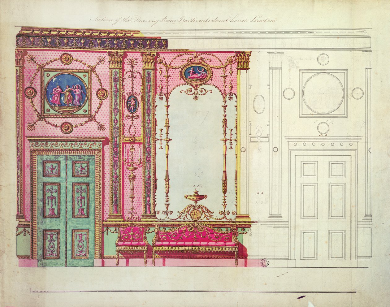 Sezione del Salotto, Northumberland House, Londra; Progetto per la parete di fondo da Robert Adam