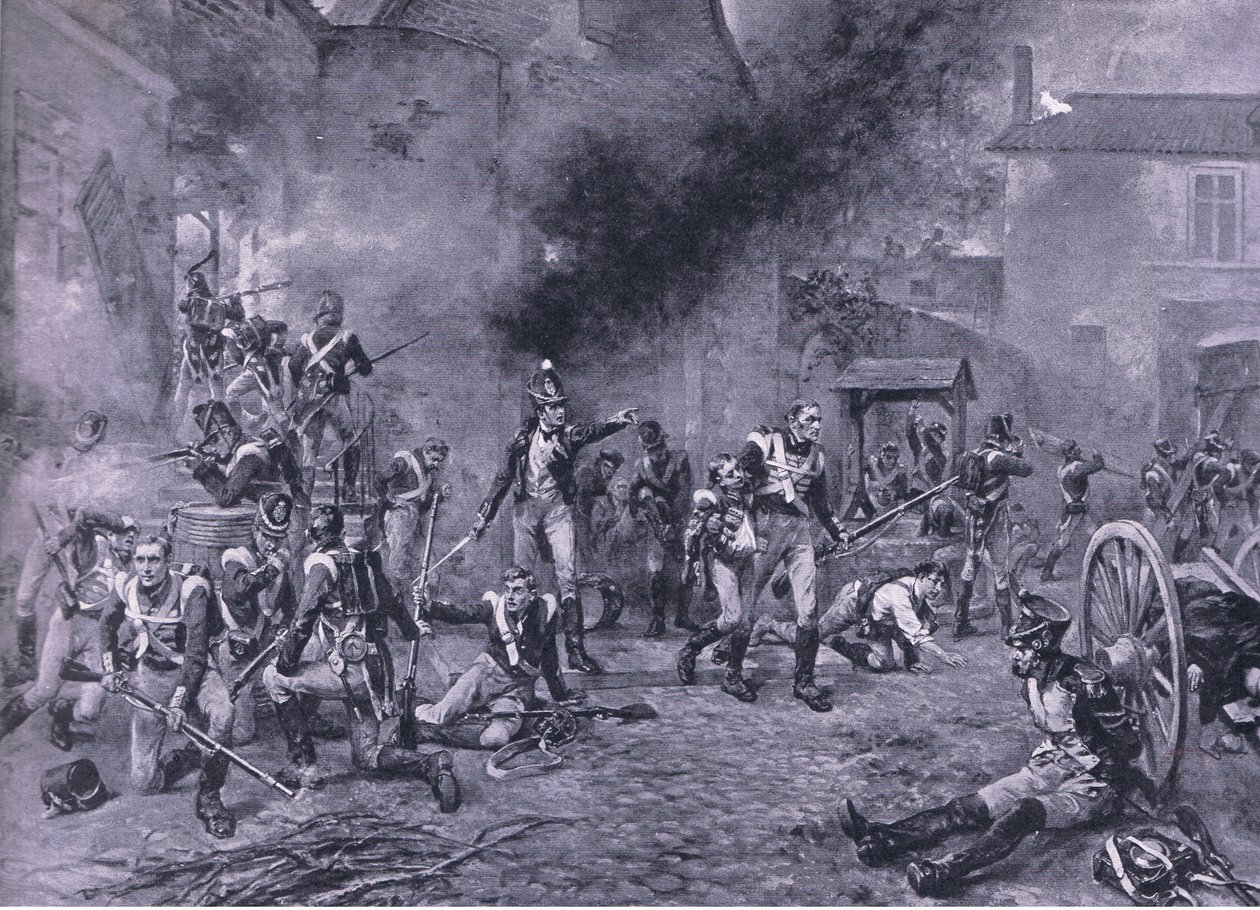 La difesa di Hougoumont, 18 giugno 1815, illustrazione da British Battles on Land and Sea, 1915 da Robert Alexander Hillingford
