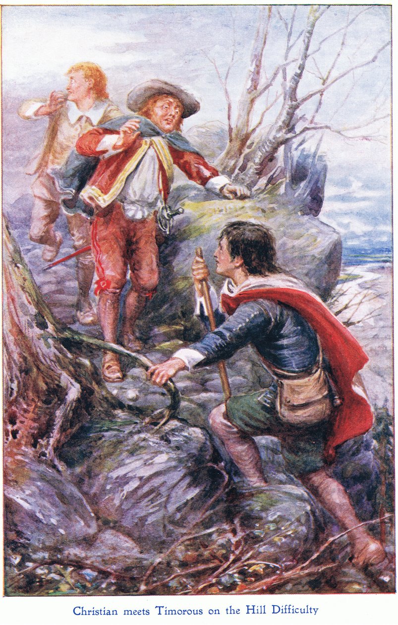 Cristiano incontra Timoroso sulla collina della difficoltà, da Il progresso del pellegrino pubblicato da John F Shaw & Co, c.1900 da Robert Ambrose Dudley