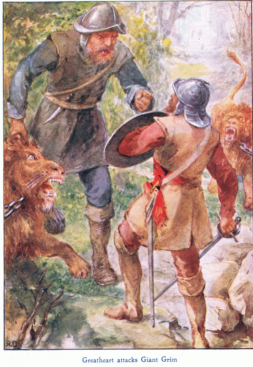 Great Heart attacca Giant Grim, da The Pilgrims Progress pubblicato da John F Shaw & Co, c.1900 da Robert Ambrose Dudley