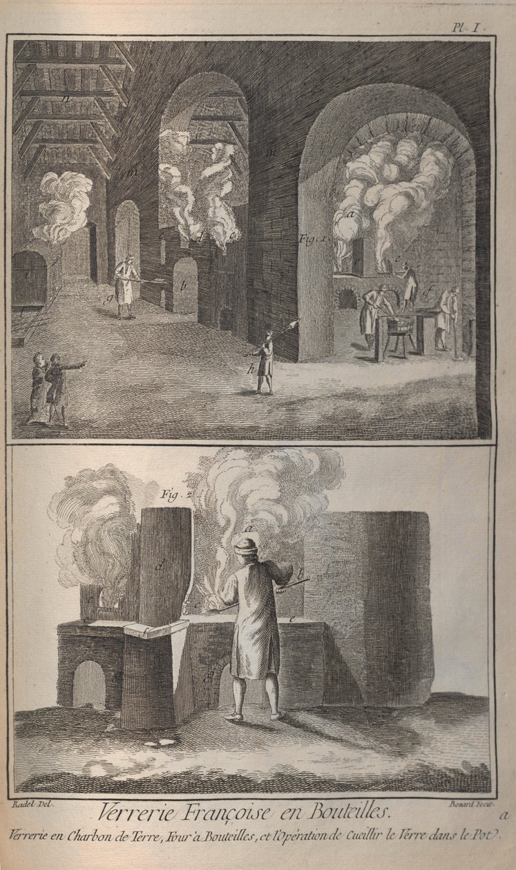 Fabbricazione del vetro. Da Encyclopédie di Denis Diderot e Jean Le Rond d