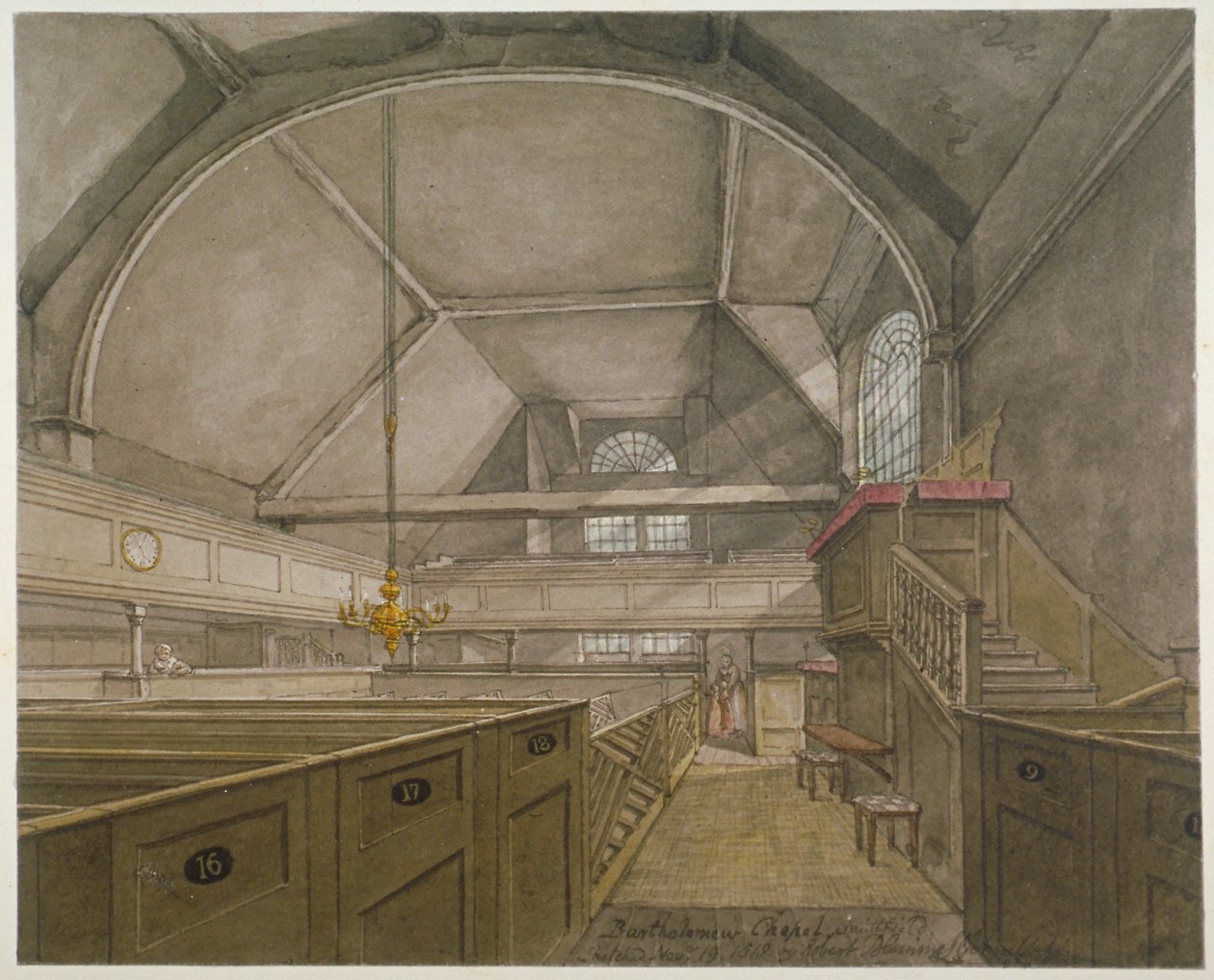 Interno della cappella nella Chiesa di San Bartolomeo il Grande, Smithfield, Città di Londra, 1818 da Robert Blemmell Schnebbelie
