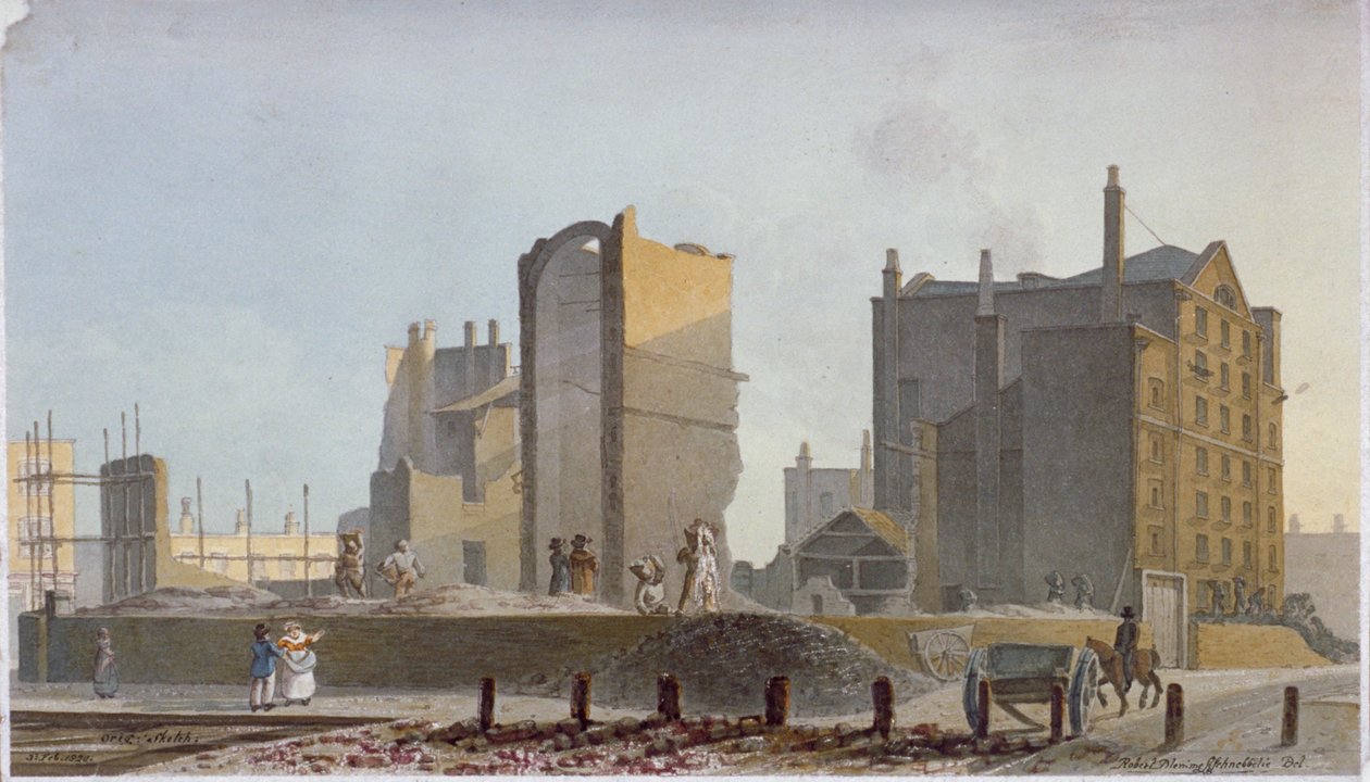 Edificio in rovina, Commercial Road, Stepney, Londra, 1820 da Robert Blemmell Schnebbelie