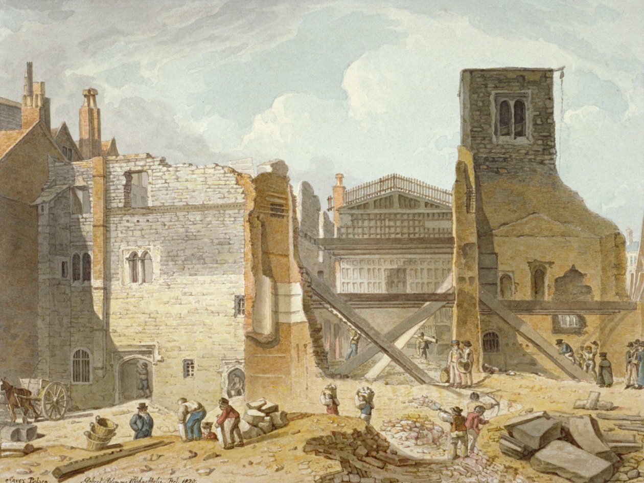 Veduta della demolizione del Palazzo Savoy, Westminster, Londra da Robert Blemmell Schnebbelie