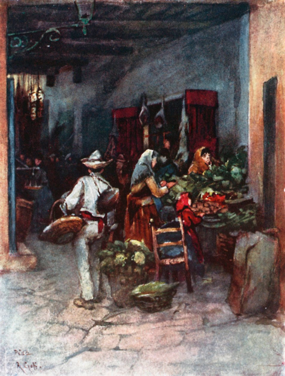 Bancarelle di frutta e verdura, Pisa (litografia a colori) da Robert Charles Goff