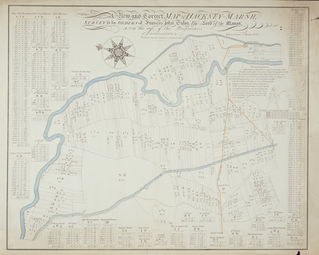 Una nuova e corretta mappa di Hackney Marsh, 1745 da Robert Davies