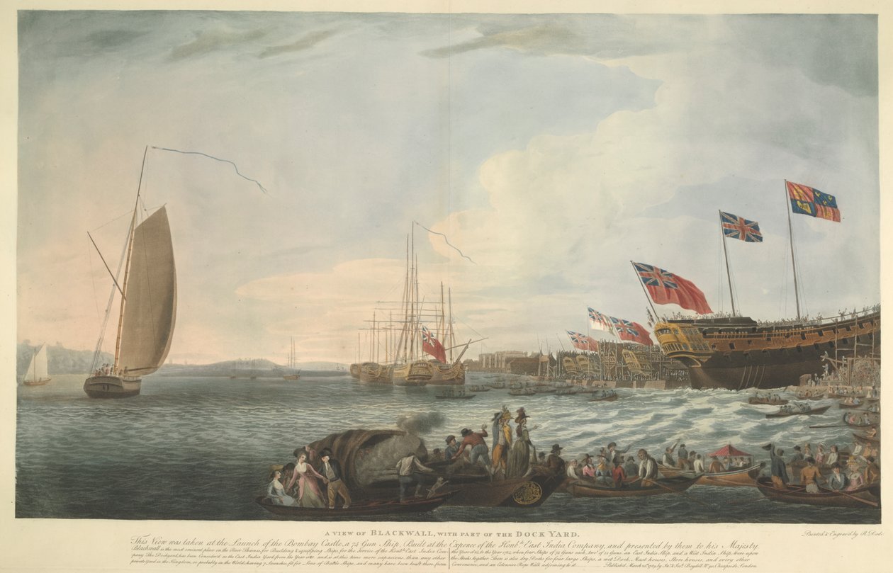 Veduta di Blackwall, con parte del cantiere navale, al varo del Bombay Castle, 74 cannoni, costruito a spese della Hon. East India Company e presentato da loro a Sua Maestà nel giugno 1782 da Robert Dodd
