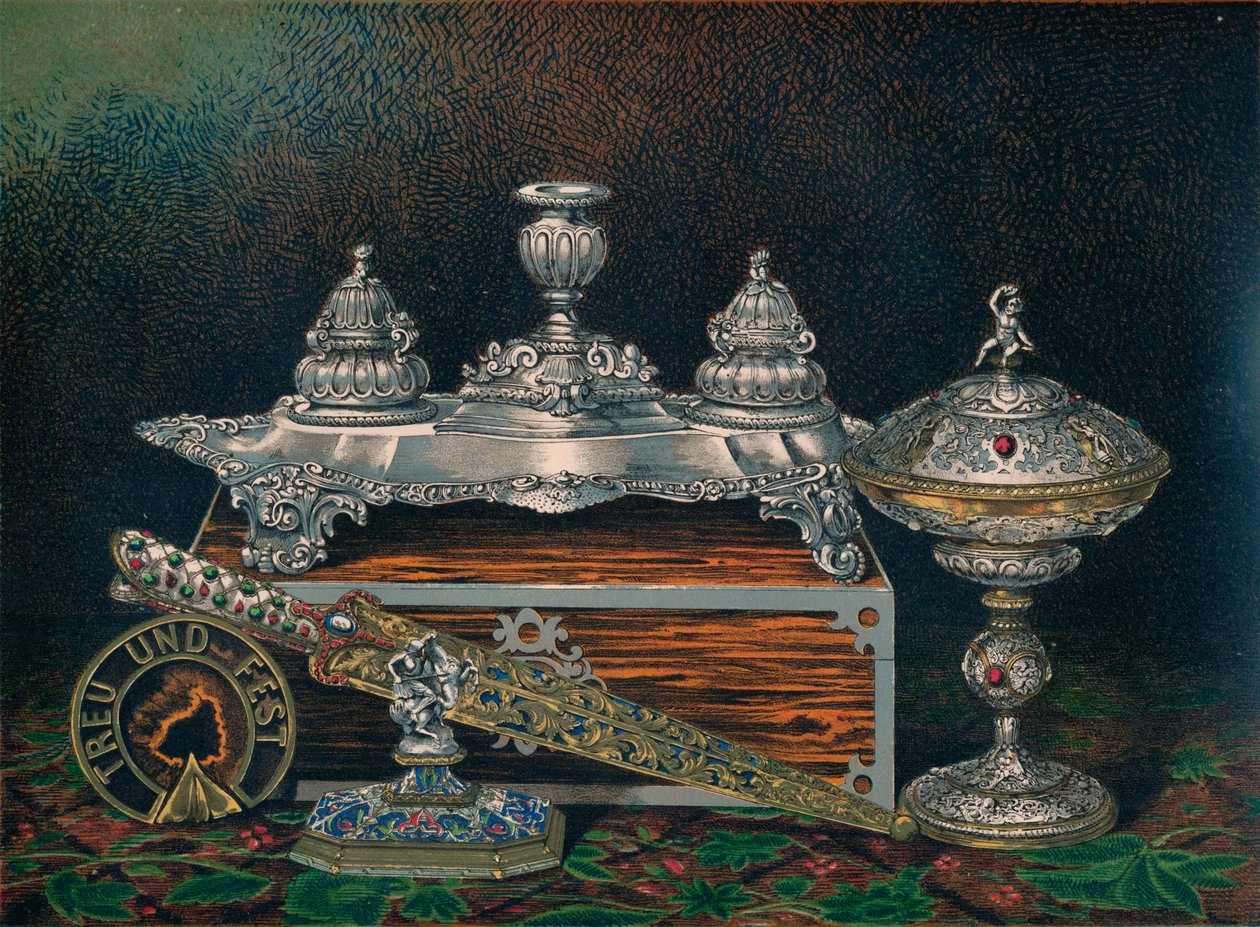 Calamaio, Fermacarte, Coltello da caccia o Pugnale, Tazza coperta, Fermacarte, 1863 da Robert Dudley