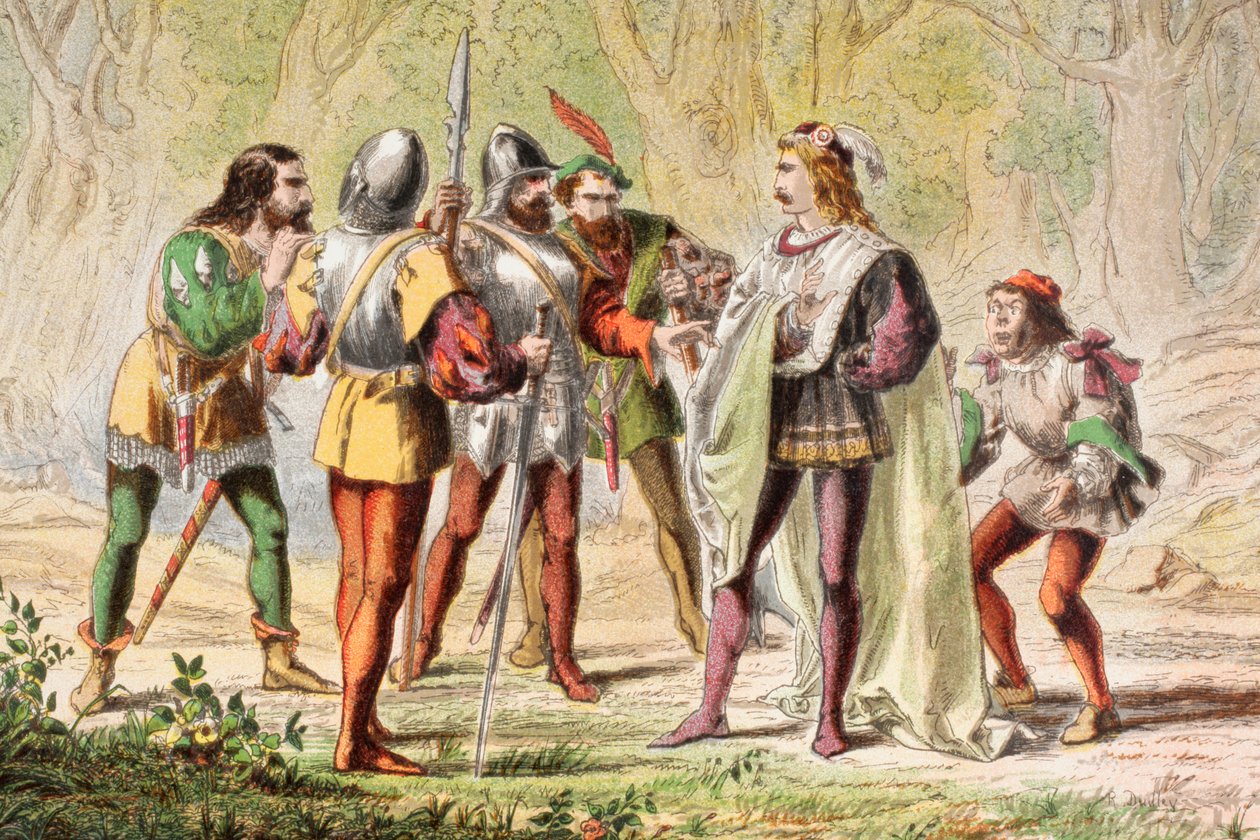 Speed parla ne I due gentiluomini di Verona, "Maestro, sii uno di loro", da "The Illustrated Library Shakespeare", pubblicato a Londra nel 1890 (litografia a colori) da Robert Dudley