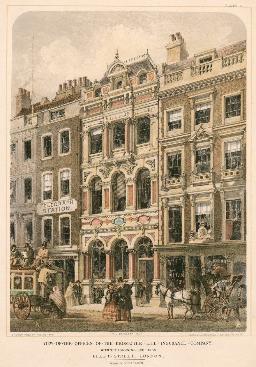 Veduta degli uffici della Promoter Life Insurance Company con gli edifici adiacenti, Fleet Street, Londra (litografia a colori) da Robert Dudley