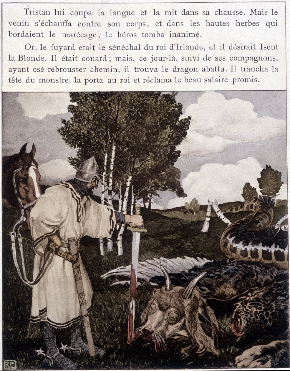 Tristano vicino al drago morto - in "Le Roman de Tristan et Iseult" di Bédier ill. di Robert Engels, ed. d