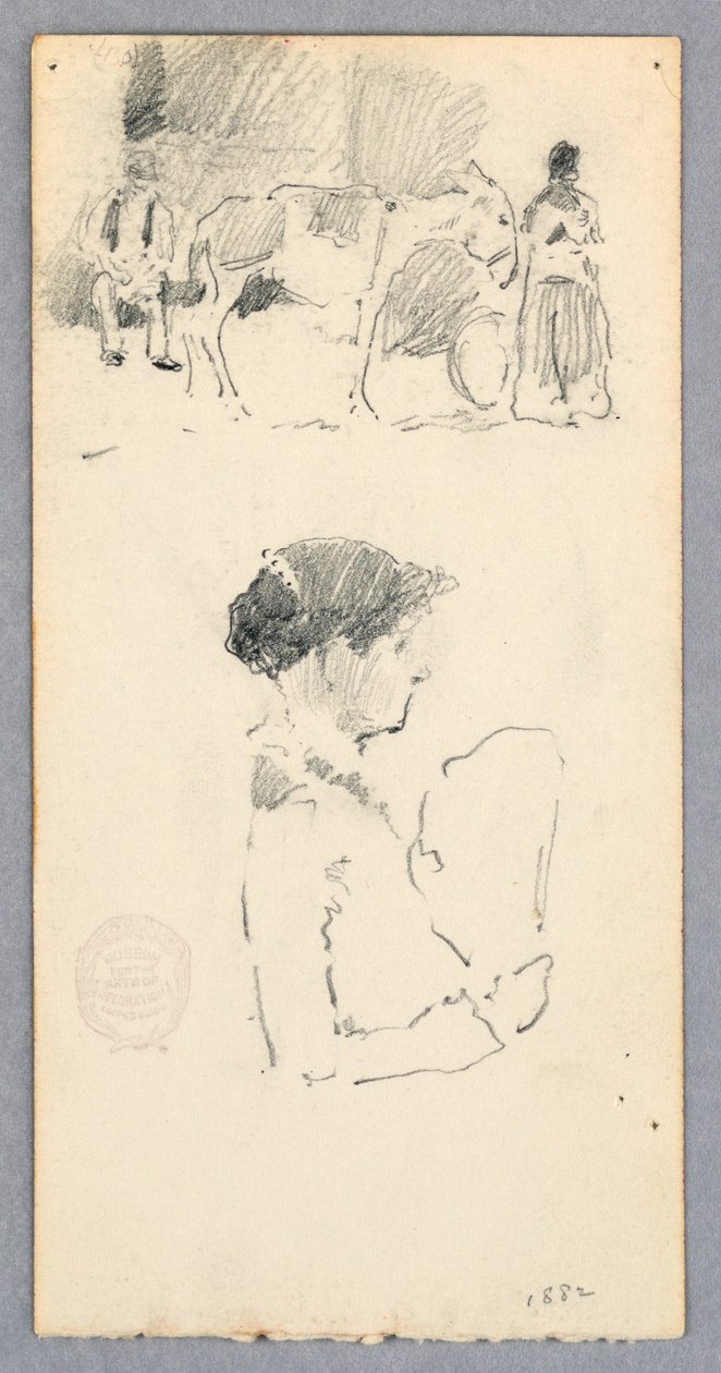 Disegno, Scena con asino e due figure; donna con ventaglio, 1882 da Robert Frederick Blum