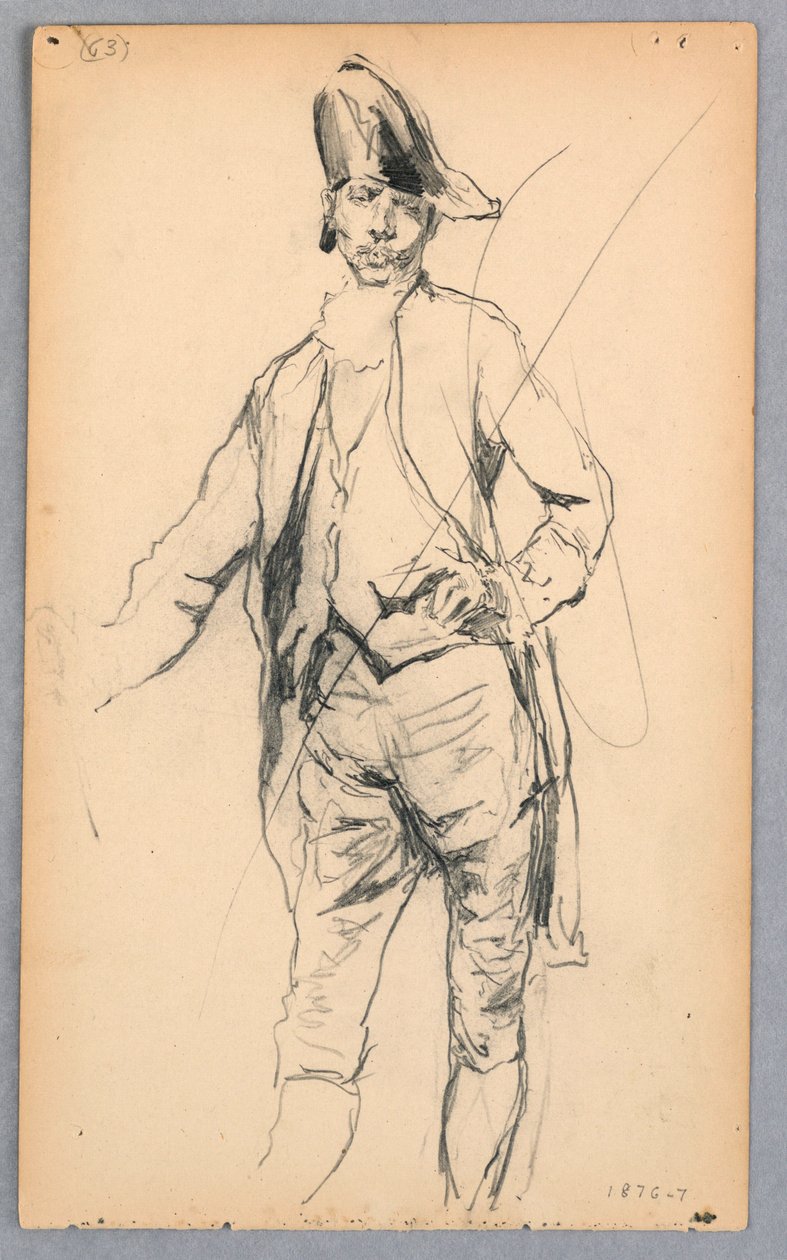 Disegno, Figura maschile in piedi in costume del XVII secolo, 1876-77 da Robert Frederick Blum