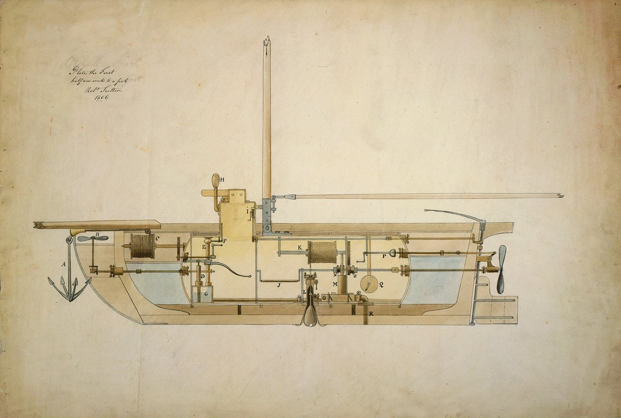 Disegno originale del Nautilus, il primo sottomarino, presentato dal suo inventore Robert Fulton (1765-1815) al Senato americano nel 1806 da Robert Fulton