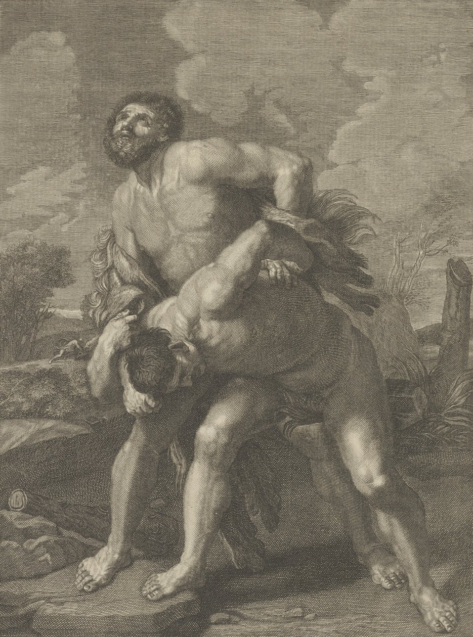 Ercole che indossa una pelle di leone e combatte Acheloo, un paesaggio sullo sfondo, ca. 1713-72 da Robert Hecquet