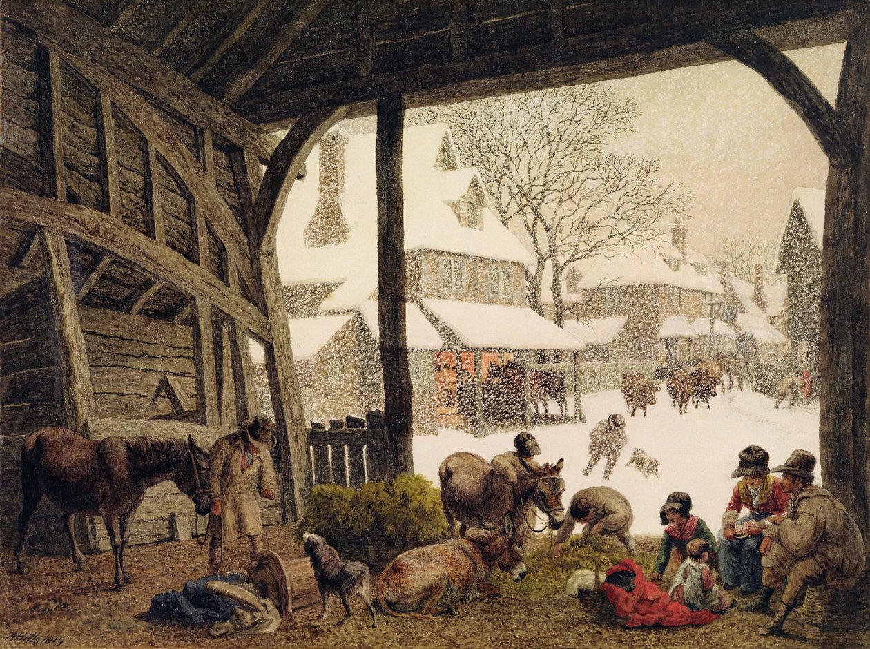 Scena di neve in un villaggio, 1819 da Robert Hills