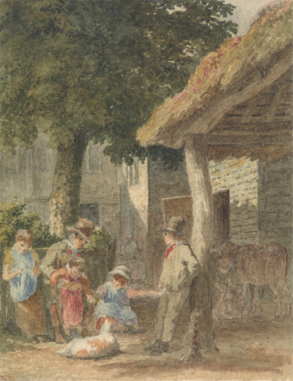 Bambini con un cane nel cortile della fattoria da Robert Hills