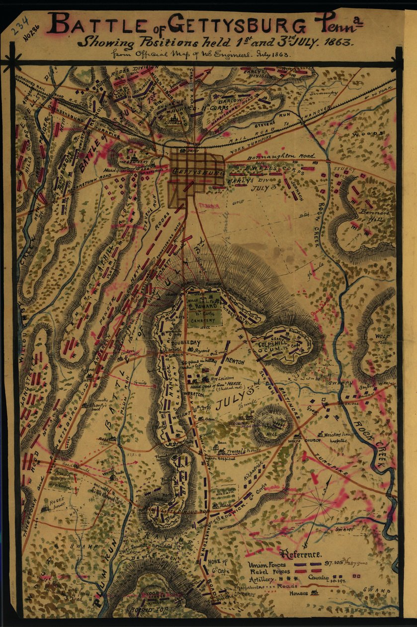 Battaglia di Gettysburg, Penna. Mostra le posizioni occupate il 1° e il 3 luglio 1863. LOC gvhs01.vhs00265 da Robert Knox Sneden