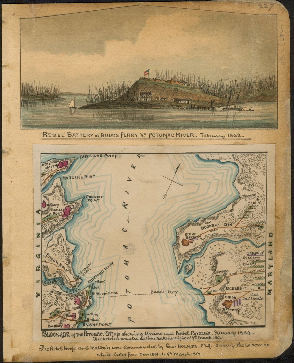 Blocco del Potomac. Mappa delle batterie dell