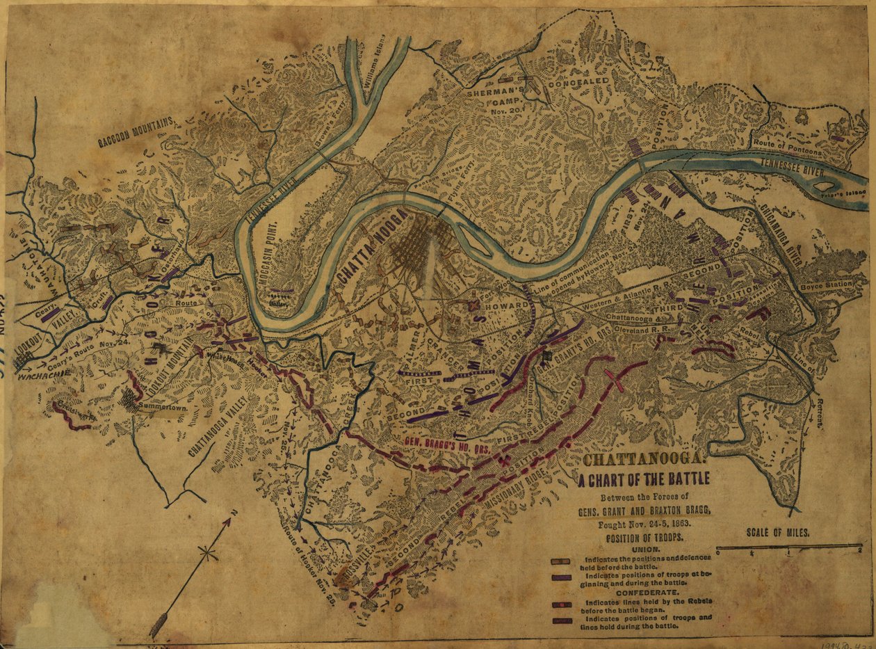 Chattanooga Una mappa della battaglia tra le forze dei gen. Grant e Braxton Bragg, combattuta dal 24 al 5 novembre 1863. LOC gvhs01.vhs00275 da Robert Knox Sneden