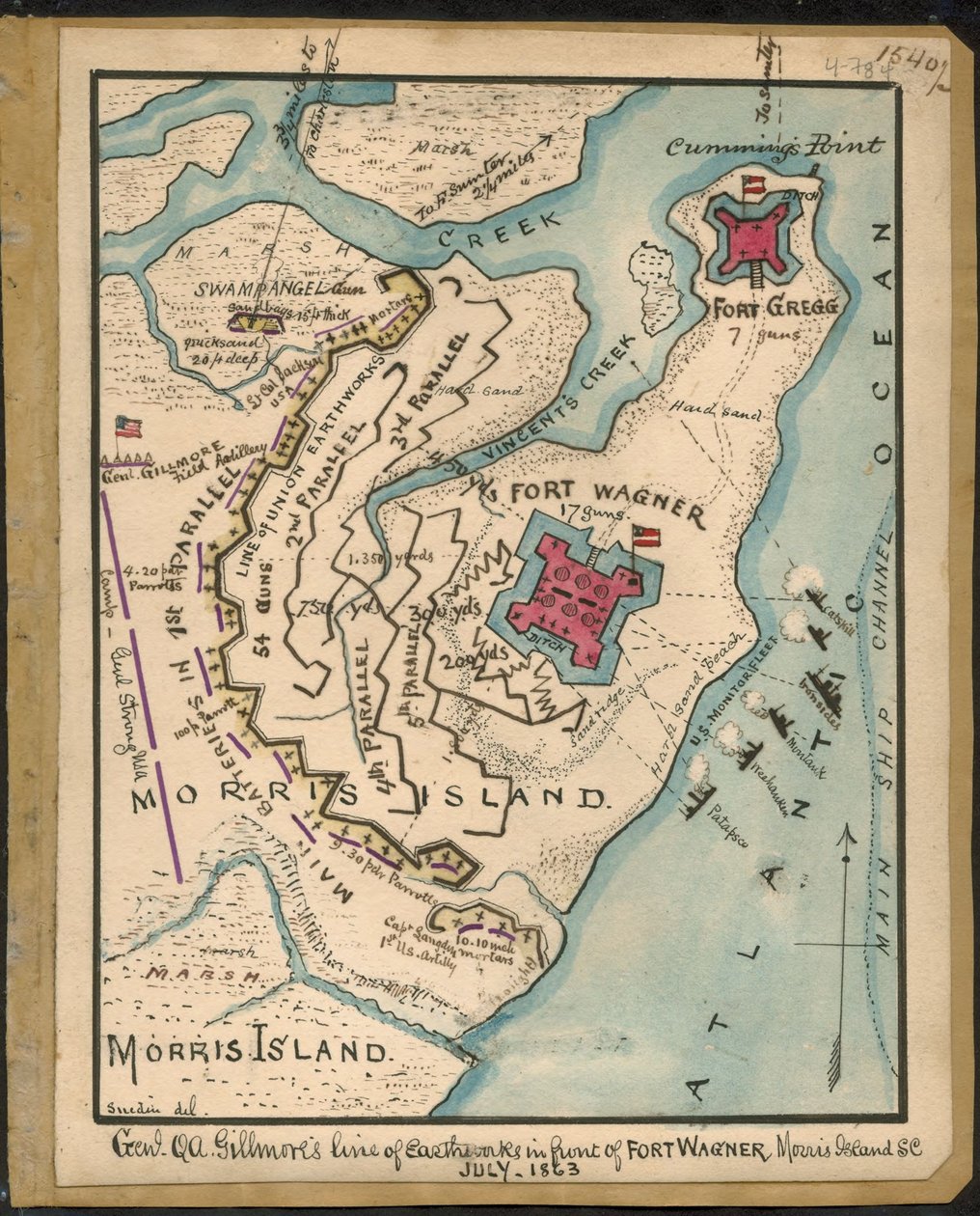 Linea di sbarramento del Gen. Q. A. Gillmore davanti a Fort Wagner, Morris Island, S.C., luglio 1863 LOC gvhs01.vhs00152 da Robert Knox Sneden