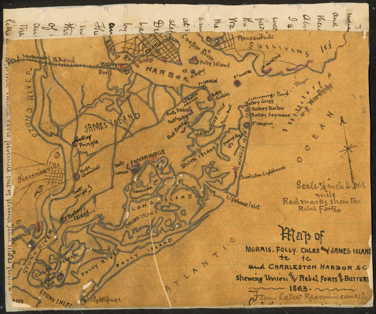 Mappa delle isole Morris, Folly, Coles e James ecc. e del porto di Charleston S.C. che mostra (sic) i forti e le batterie dell