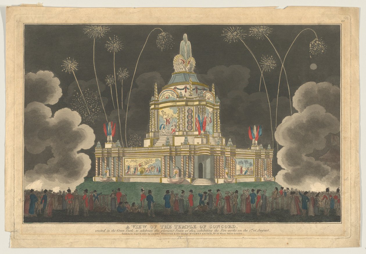 Vista del Tempio della Concordia eretto nel Green Park, per celebrare il G..., 9 settembre 1814 da Robert Laurie