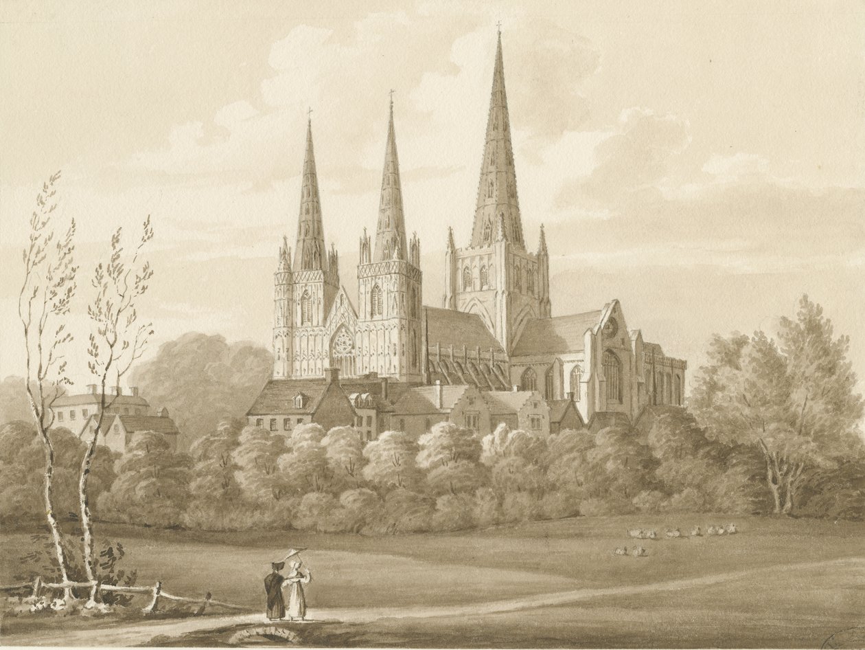 Cattedrale di Lichfield - Vista Ovest Sud Ovest: disegno seppia da Robert Noyes