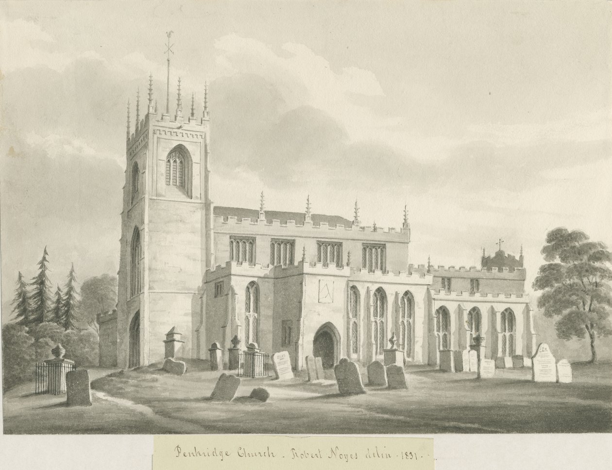 Chiesa di Penkridge: disegno a seppia, 1831 da Robert Noyes