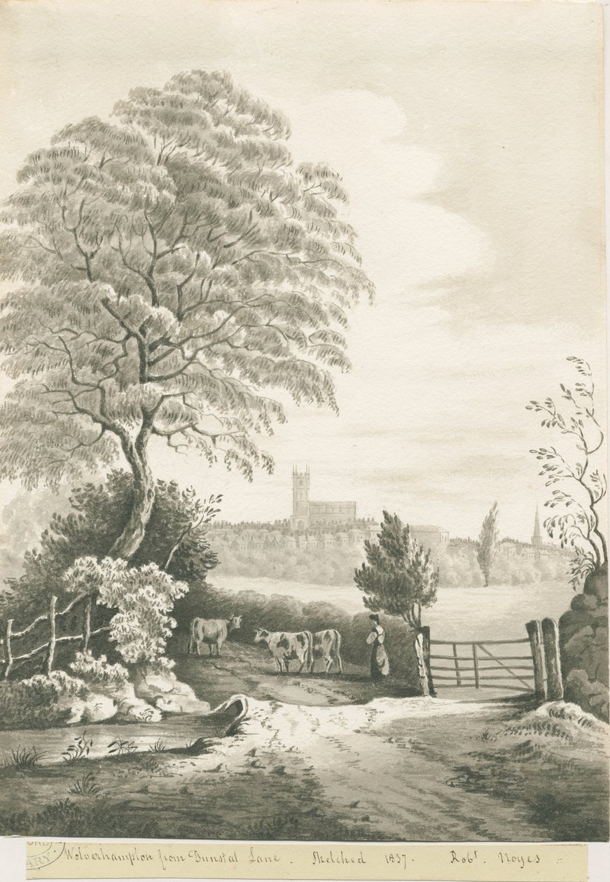 Wolverhampton - Vista distante da Dunstall Lane: disegno a seppia da Robert Noyes