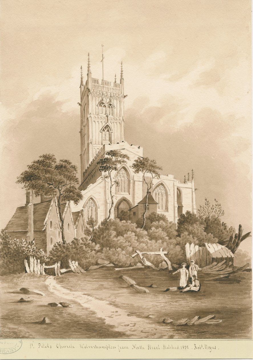 Wolverhampton - Chiesa di San Pietro: disegno seppia, 1838 da Robert Noyes