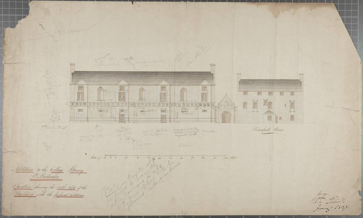 Disegno architettonico della Biblioteca Universitaria, 1827 da Robert Payton Reid