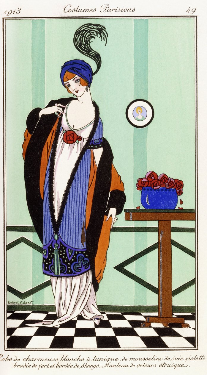 Abito parigino: vestaglia di charmeuse bianca con tunica di seta ricamata viola da Robert Pichenot