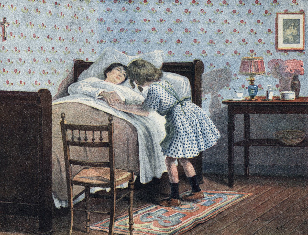 Una bambina al capezzale della madre malata attende la sua guerra. Illustrazione di Robert Salles in Je sais Lire da Robert Salles