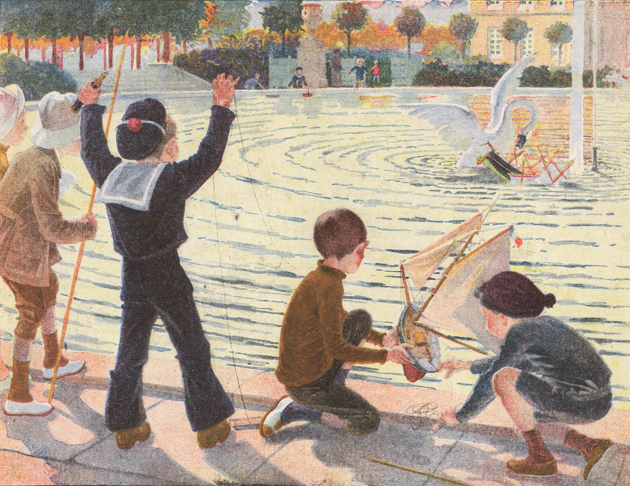 Un cigno che affonda lo yacht giocattolo di un bambino (litografia a colori) da Robert Salles