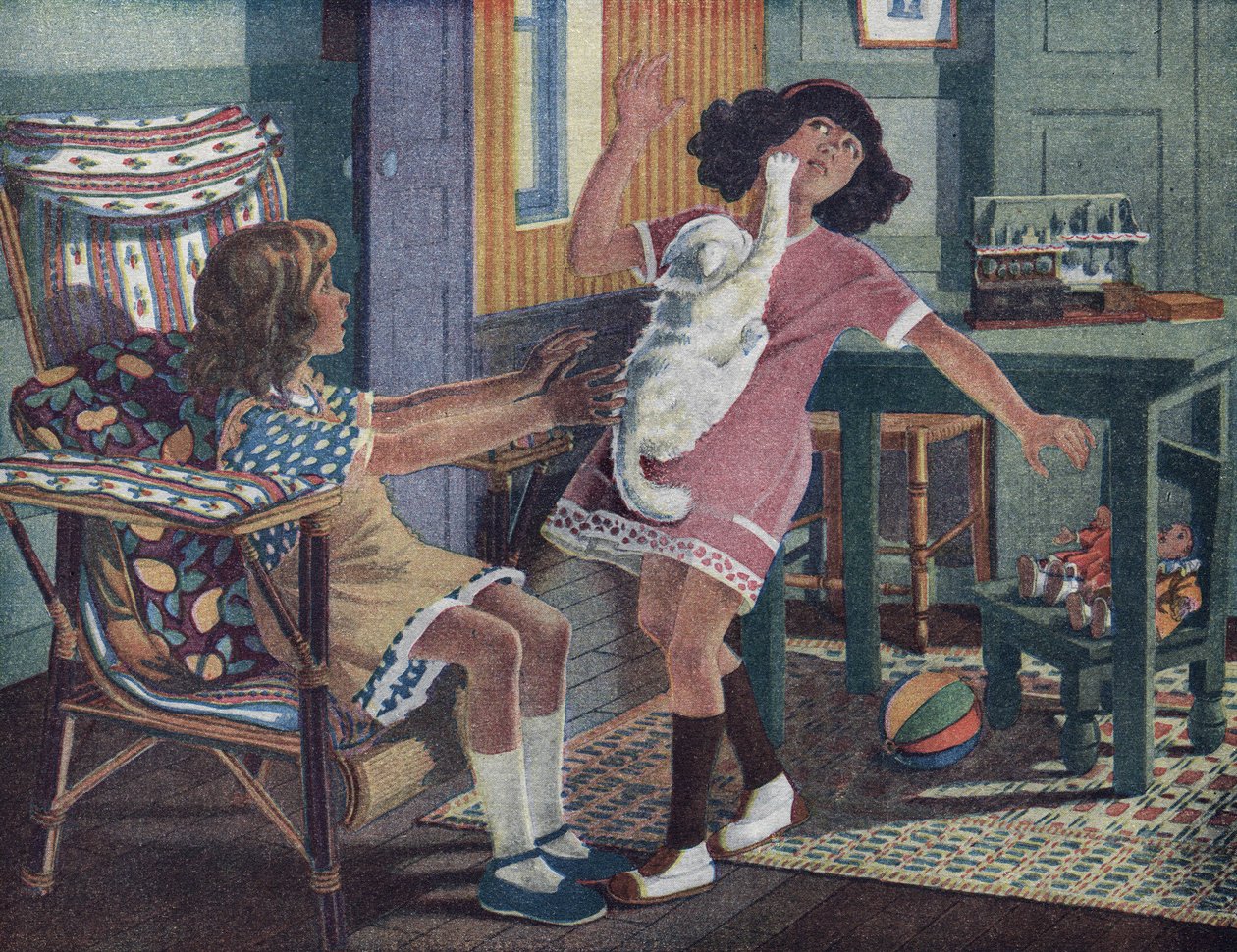 Il gattino di Annette: un gatto bianco graffia il viso di una bambina che gioca con la sua amica. Illustrazione di Robert Salles (1871-1929) in “Je sais Lire”. da Robert Salles