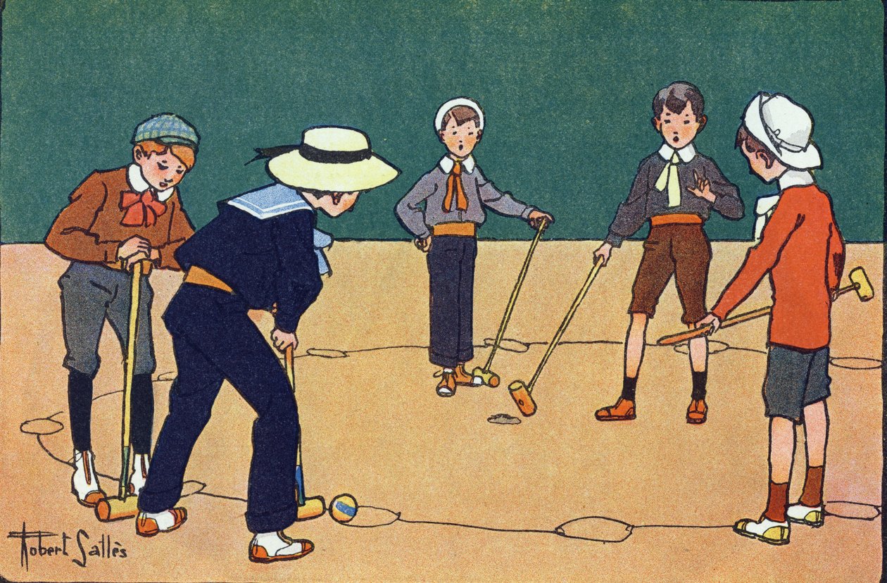 Palla per ore (gioco di abilità con palle e mazze). Incisione in "A cosa giochiamo?" di E. Weber con disegni ad acquerello di Robert Salles (1871-1929). Librairie Garnier Freres, Parigi da Robert Salles