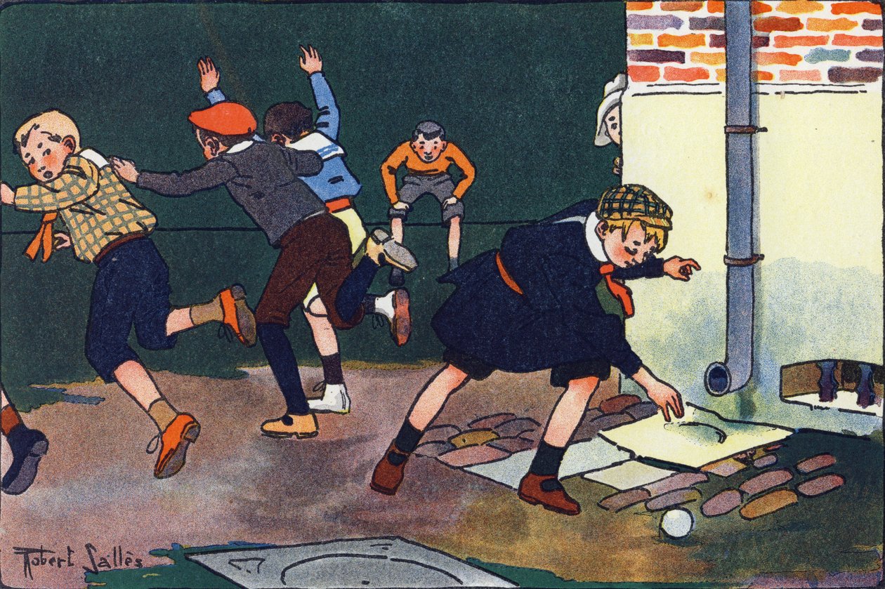 Pallottola al muro. Incisione in "A cosa giochiamo?" di E. Weber con disegni ad acquerello di Robert Salles (1871-1929). Librairie Garnier Freres, Parigi. da Robert Salles